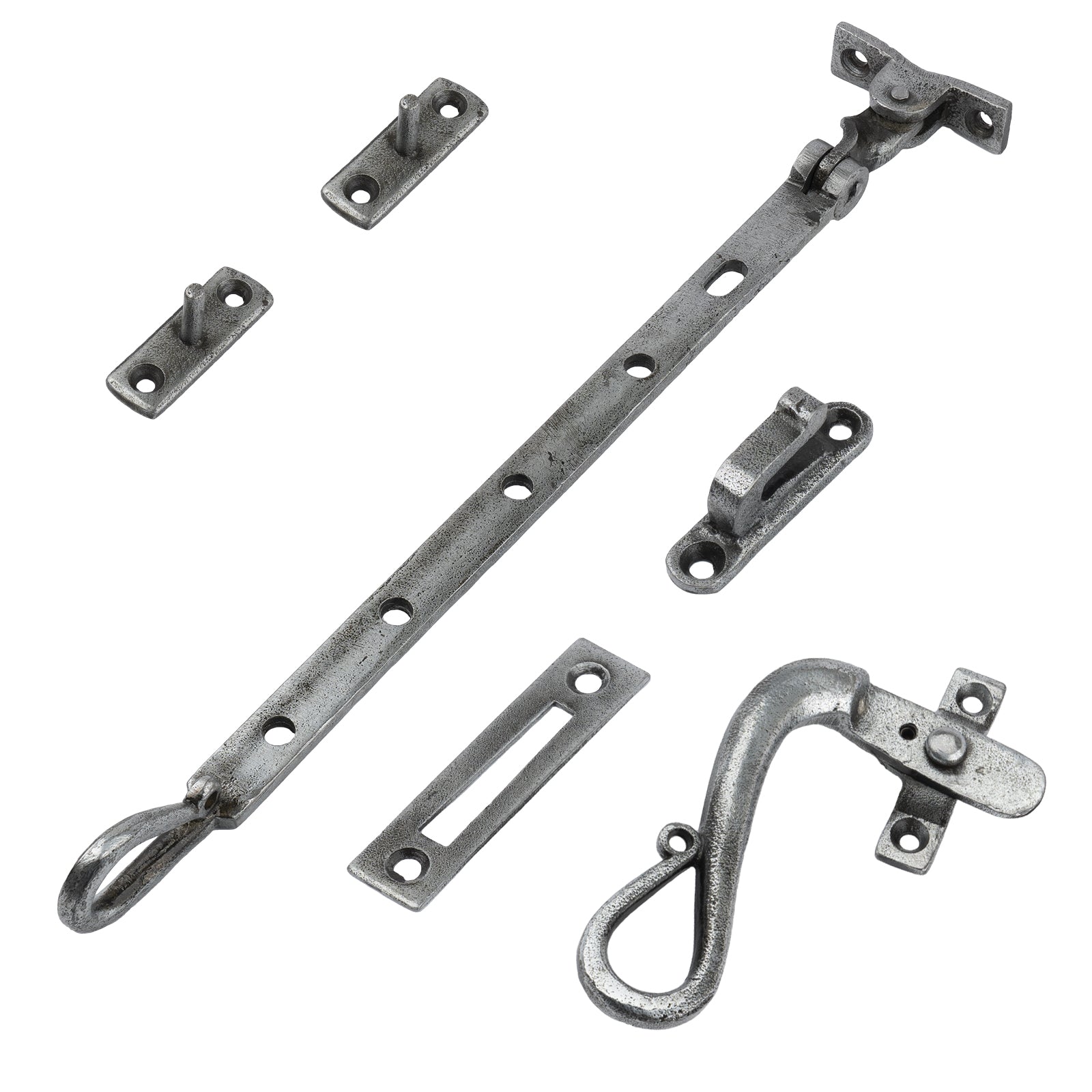 12 inch shepherds crook window stay fastener set LH SHOW