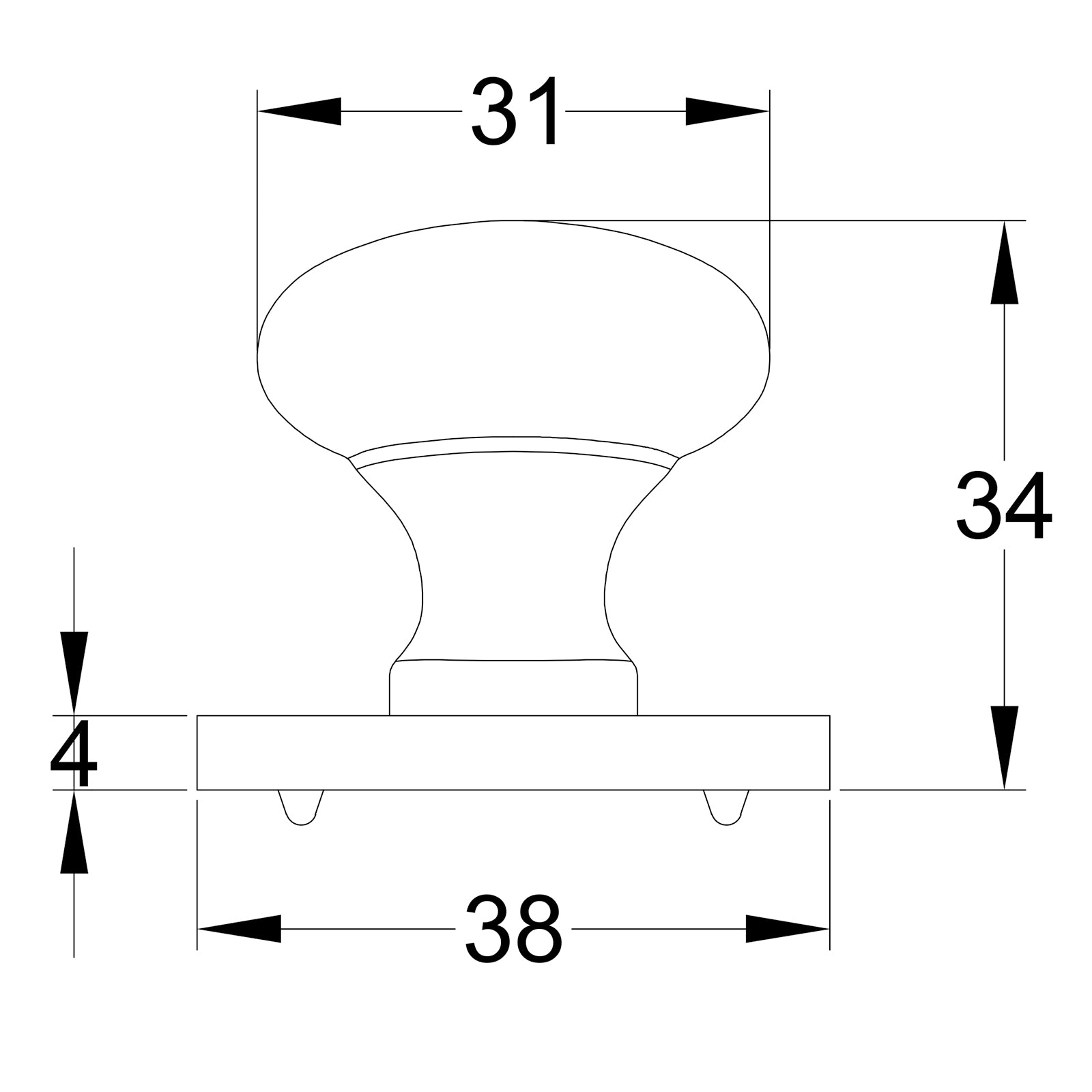 Round Cabinet Knobs On Square Backplate dimension drawing SHOW