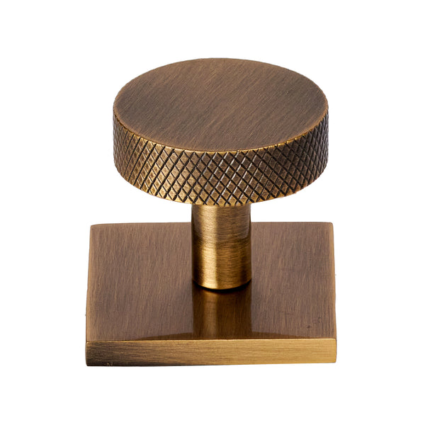 Antique Brass Disc Knurled Cabinet Knobs On Square Backplate SHOW