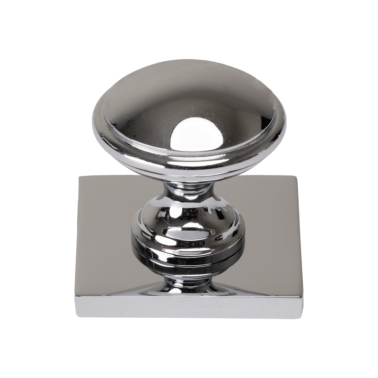 Chrome domed cabinet knobs on square backplate SHOW