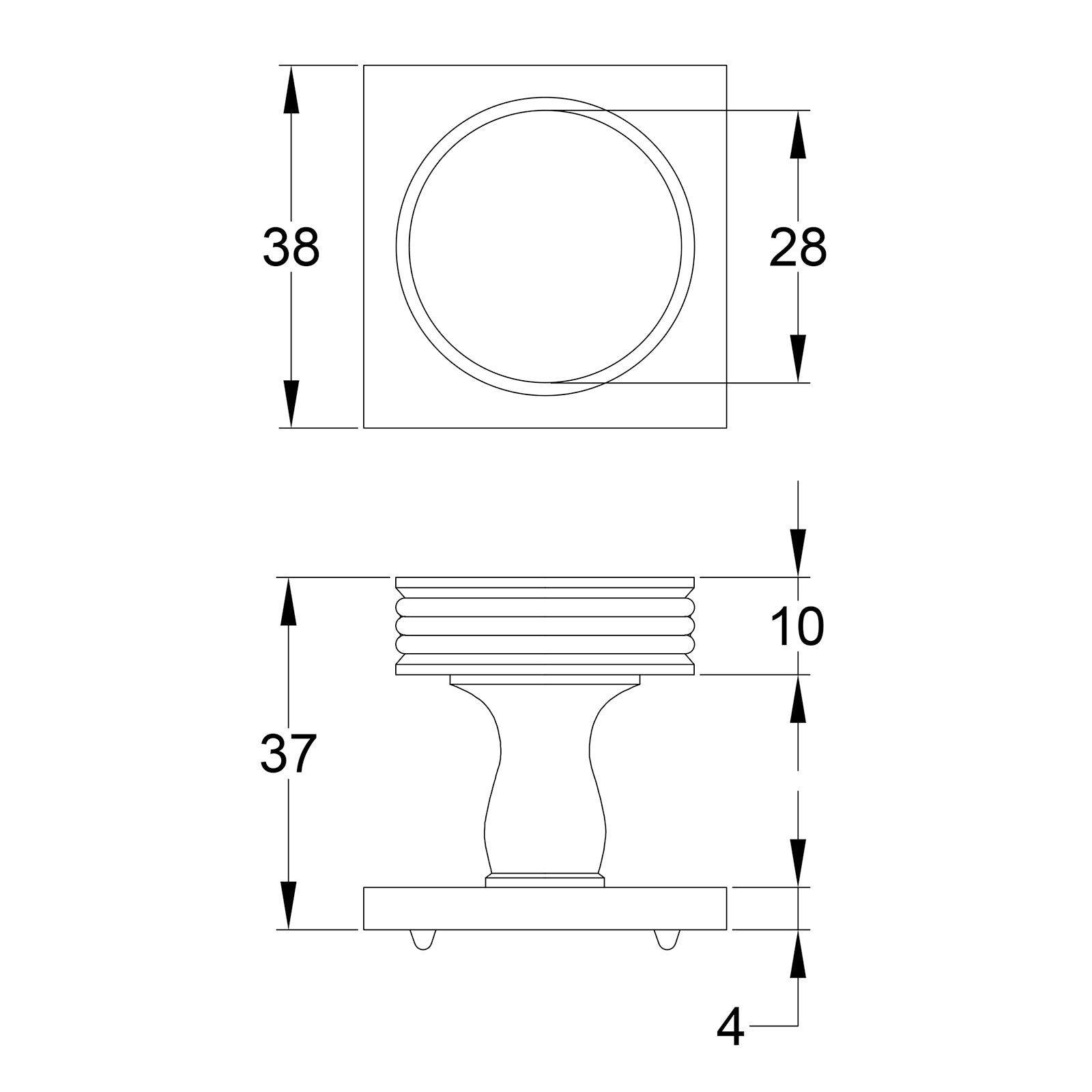 Venetian Cabinet Knobs On Square Backplate dimension drawing SHOW