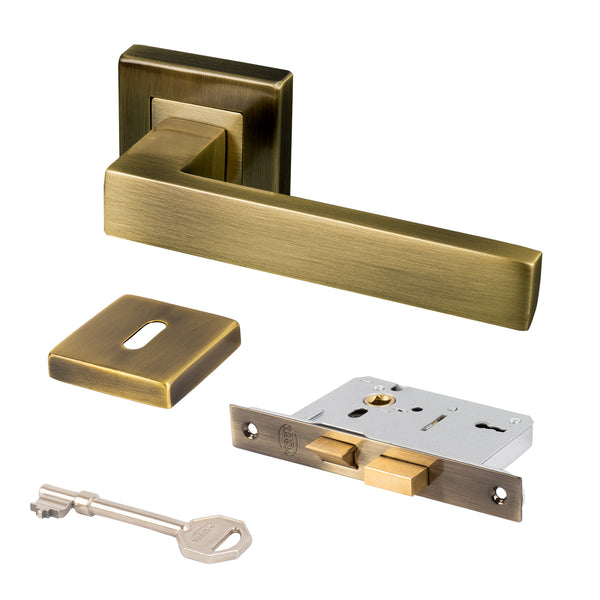 aged brass square rose modern handle 3 lever lock set