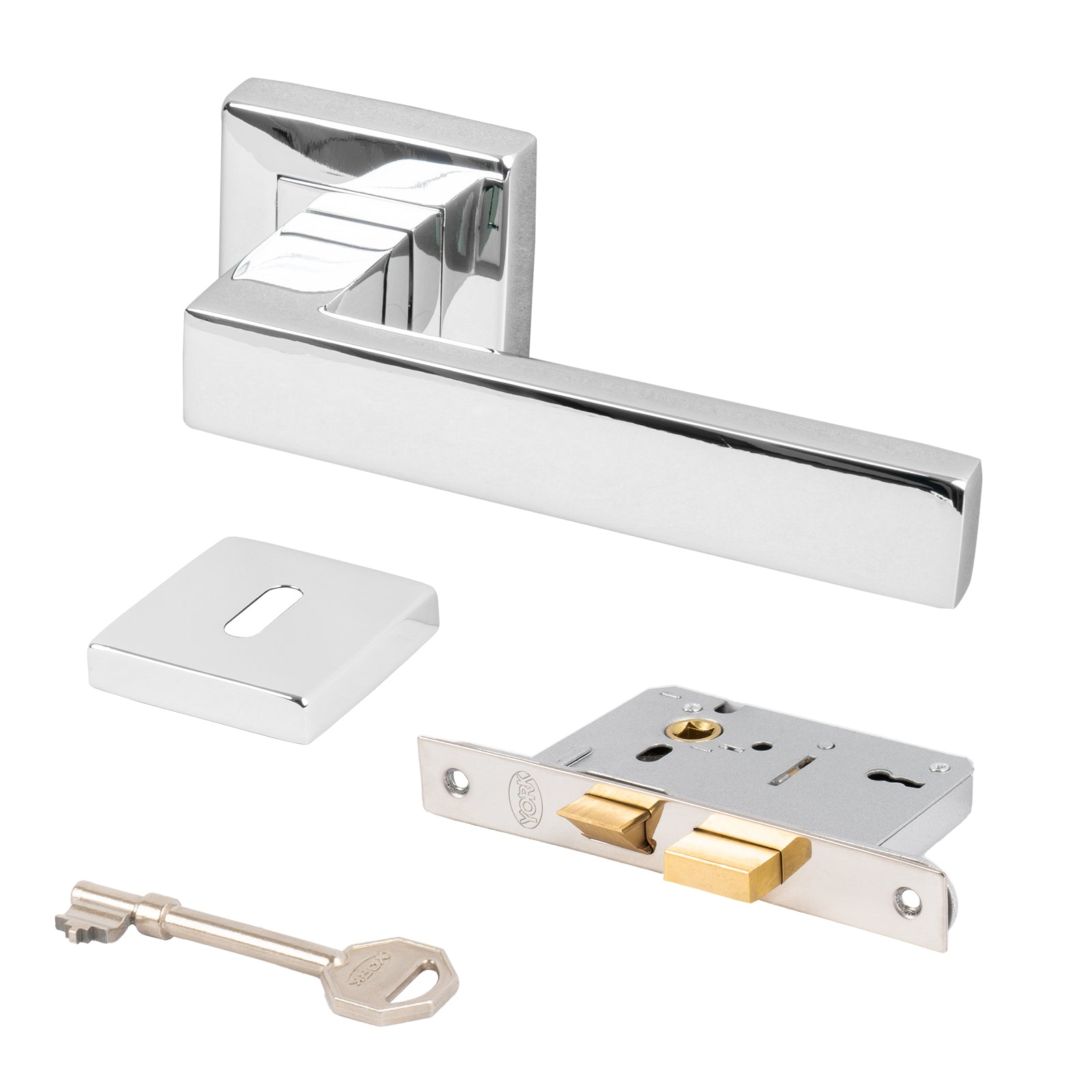 chrome square rose modern lever handle 3 lever lock set and escutcheon