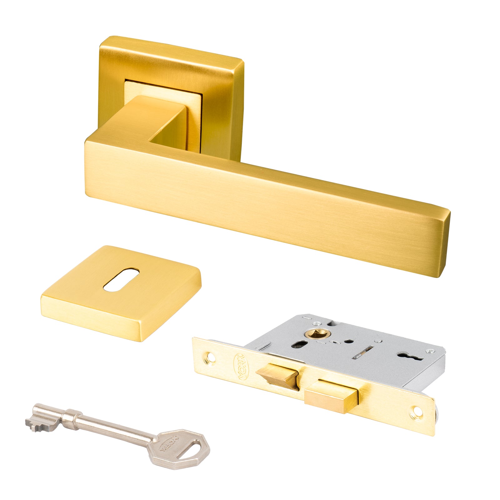 satin brass square rose modern lever handle 3 lever lock set with escutcheon