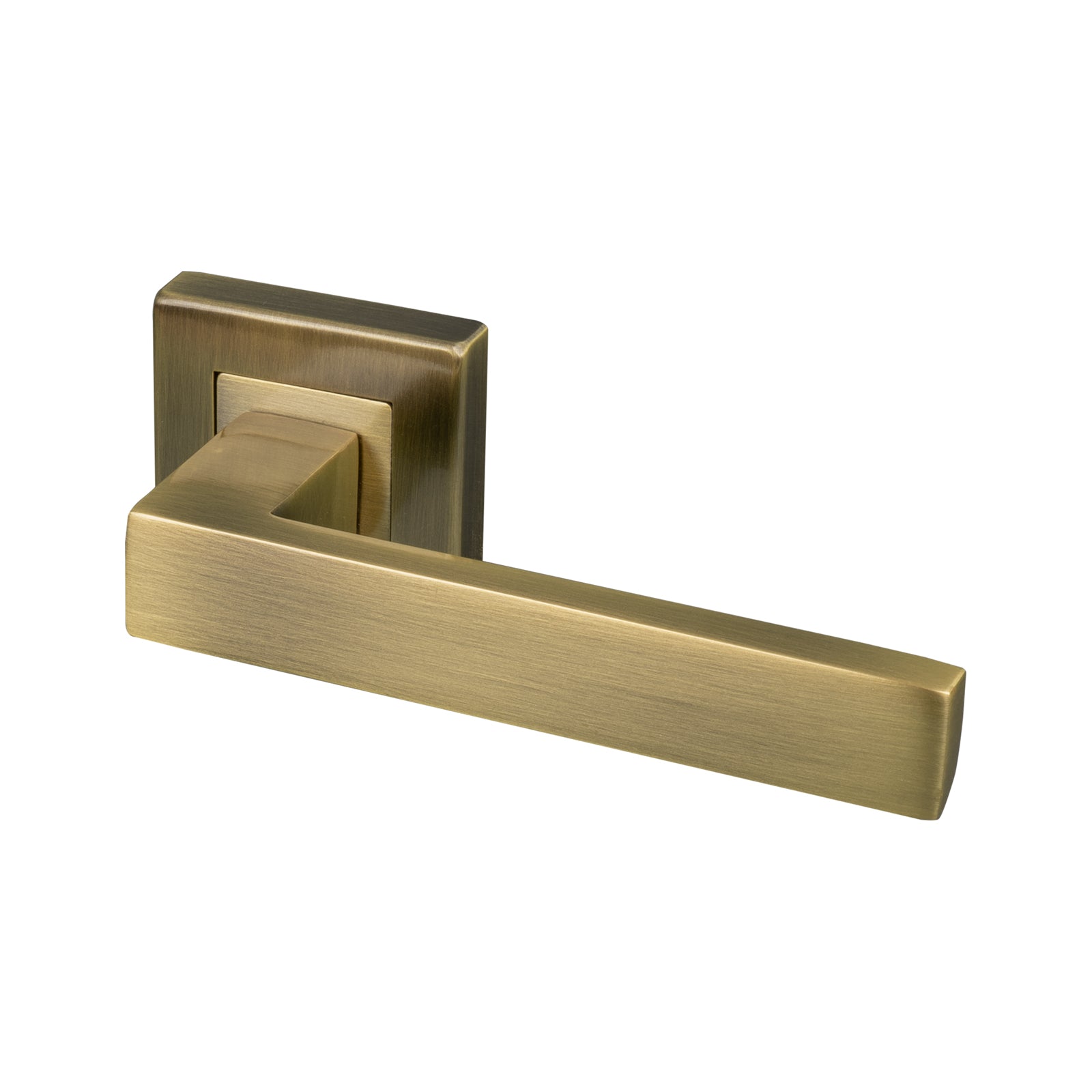 aged brass square rose door handles, modern lever on rose SHOW