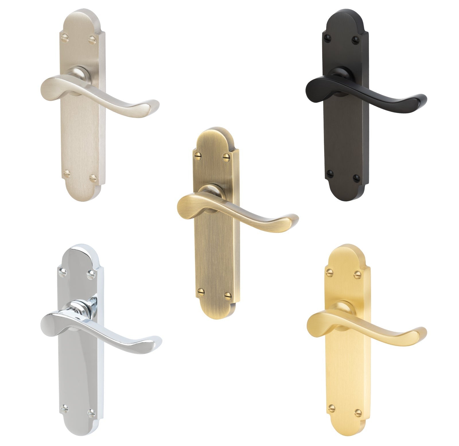 Savoy Door Handles On Plate Latch Handle in Matt Bronze, Satin Nickel, Polished Chrome, Satin Brass and Aged Brass.