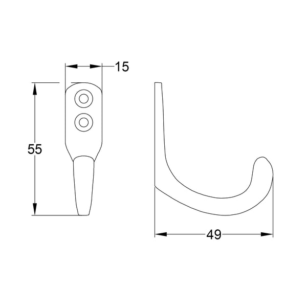 Drawing of Hammered Antique Brass Single Robe Hooks SHOW