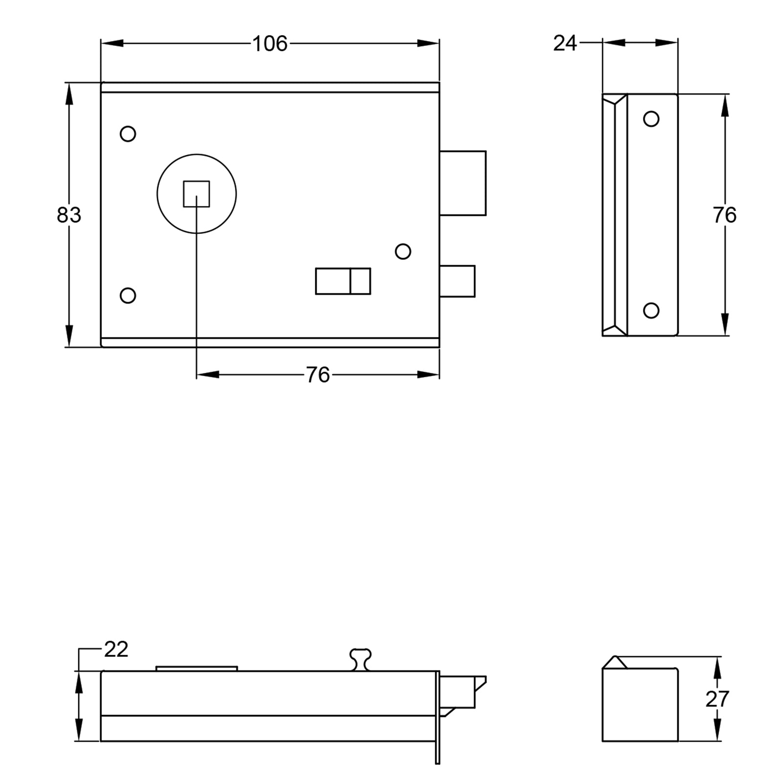 Classic Rim Lock Dimension Drawing SHOW