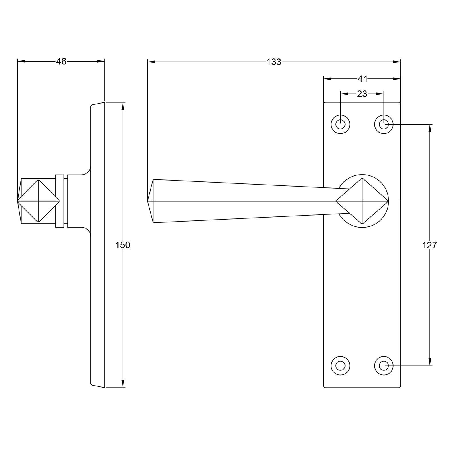 Dimension drawing for Straight lever handles SHOW