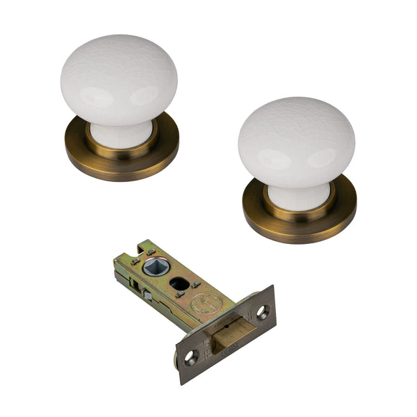 SHOW White Crackle Ceramic Door Knob with Aged Brass Rose with 3 inch latch