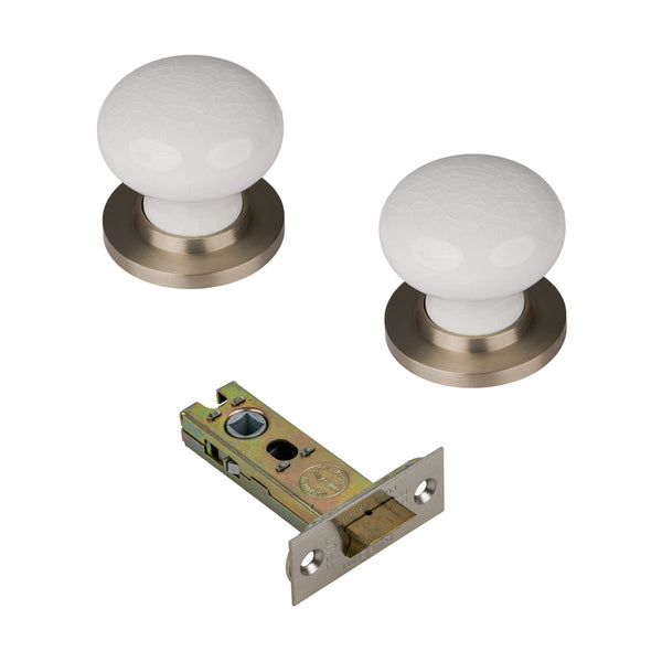 SHOW White Crackle Ceramic Door Knob with Satin Nickel Rose with 4 inch latch
