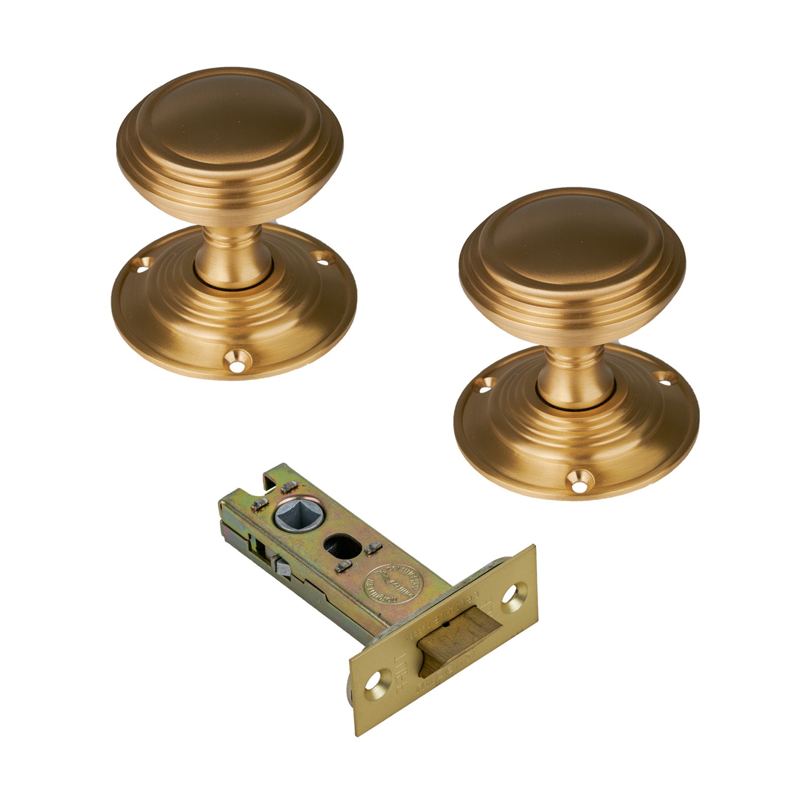 Goodrich Door Knob on Rose with Satin Brass 3 inch latch set