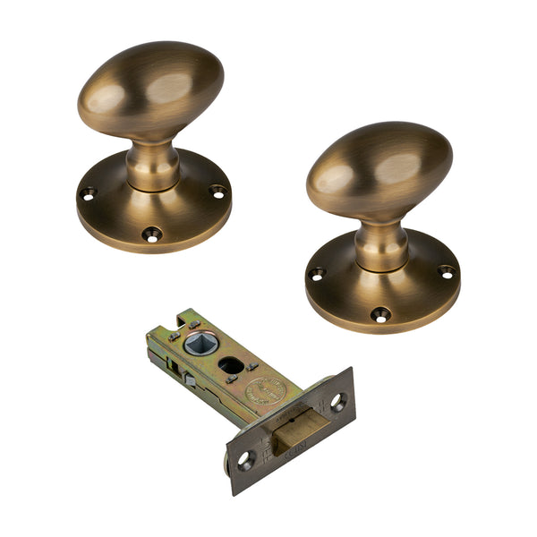 Mayfair Door Knob on Rose with Aged Brass 3 inch latch set