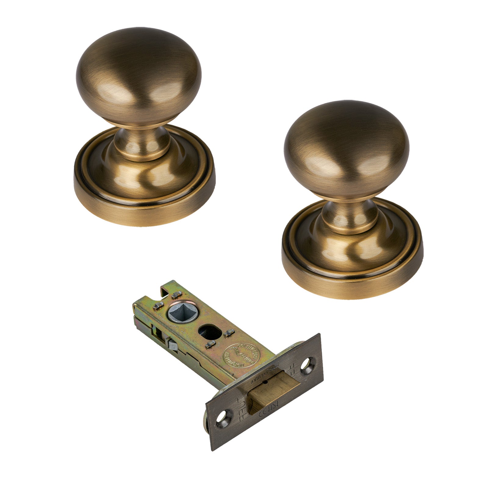 Hampstead Door Knob on Rose with Aged Brass 3 inch latch set