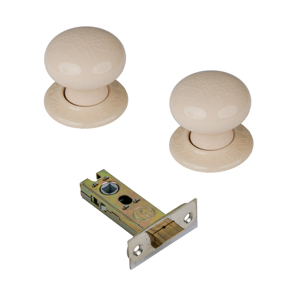 SHOW Cream Crackle Ceramic Door Knob on Ceramic Rose with 3 inch latch