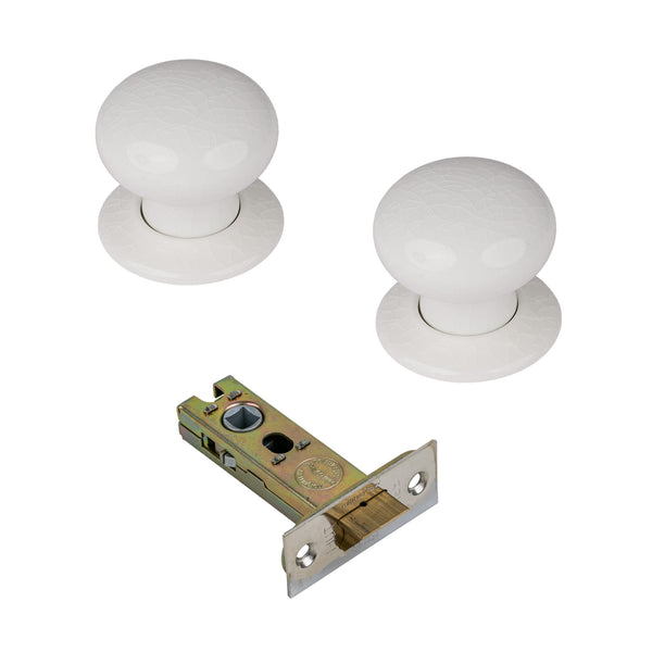 SHOW White Crackle Ceramic Door Knob on Ceramic Rose with 3 inch latch