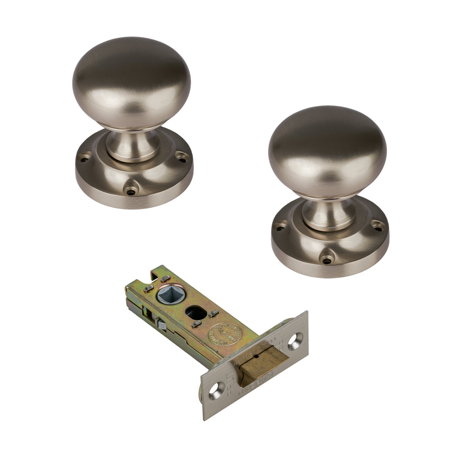 Victoria Door Knob on Rose with Satin Nickel 3 inch latch set