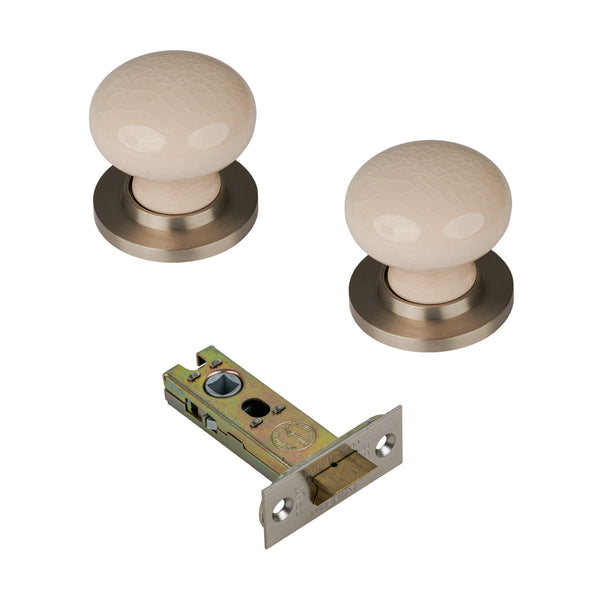 SHOW Cream Crackle Ceramic Door Knob with Satin Nickel Rose with 4 inch latch