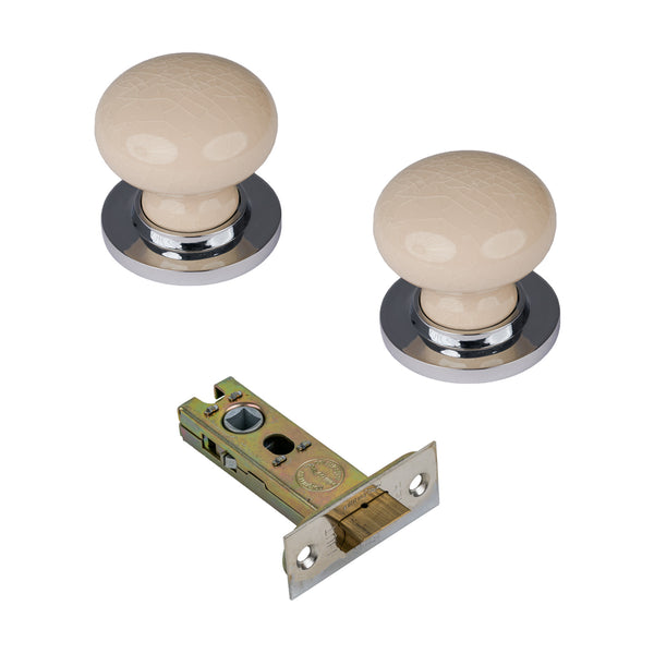 SHOW Cream Crackle Ceramic Door Knob with Polished Chrome Rose with 3 inch latch