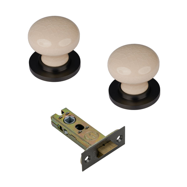 SHOW Cream Crackle Ceramic Door Knob with Matt Bronze Rose with 3 inch latch