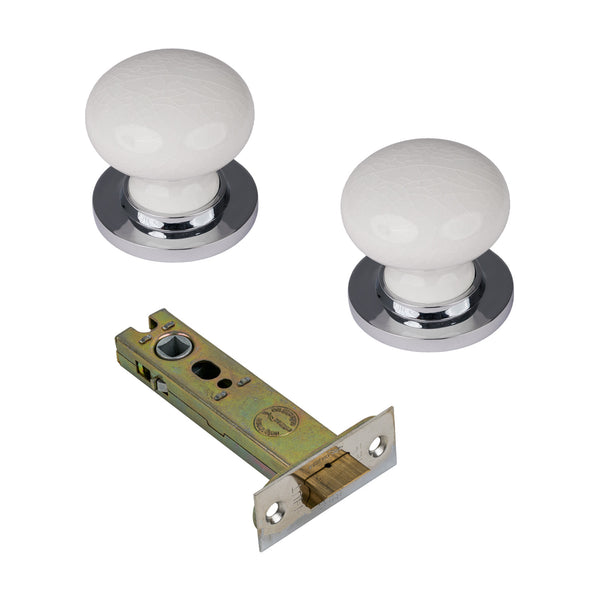 SHOW White Crackle Ceramic Door Knob with Polished Chrome Rose with 4 inch latch