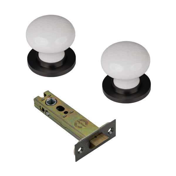 SHOW White Crackle Ceramic Door Knob with Matt Bronze Rose with 4 inch latch