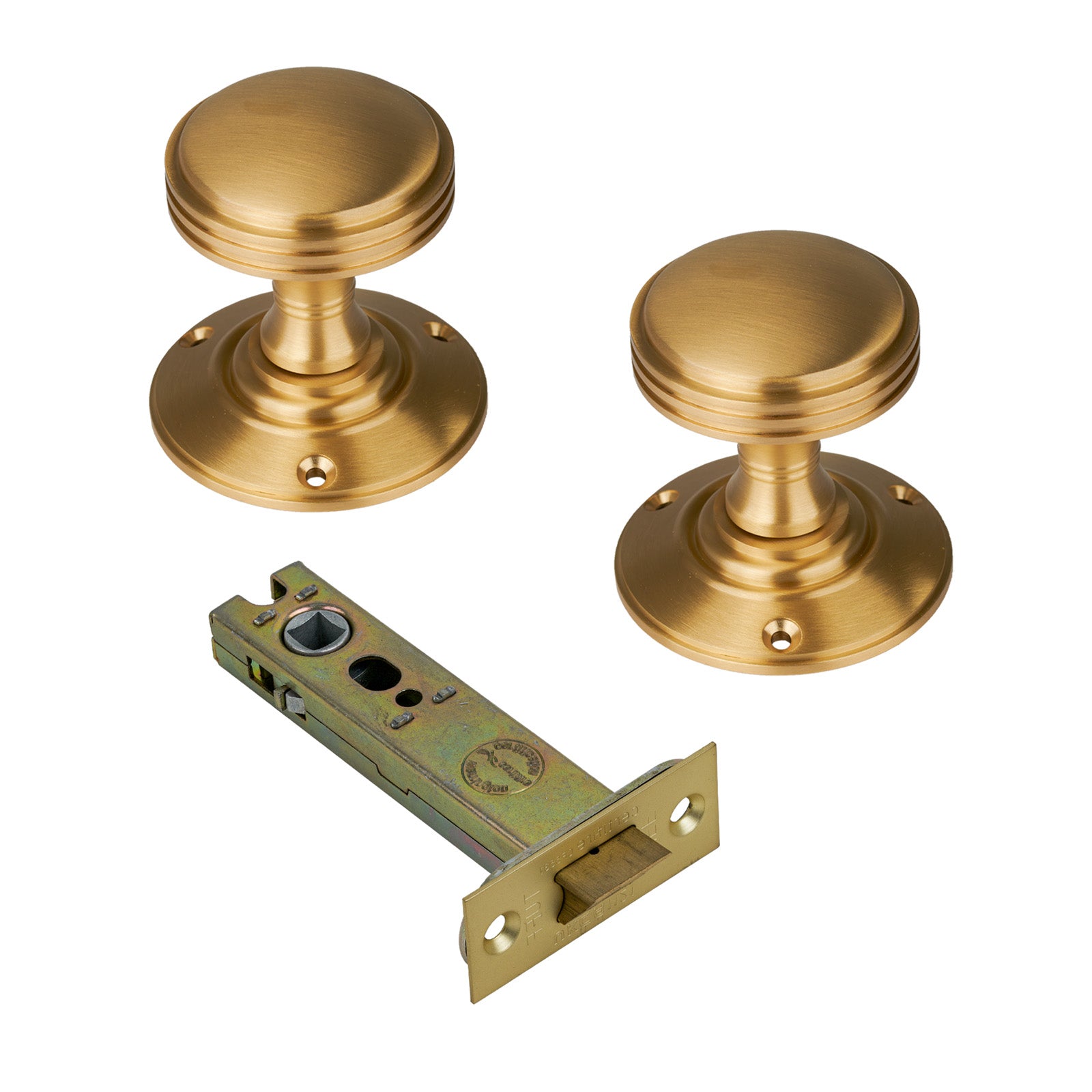 Richmond Door Knob on Rose with Satin Brass 4 inch latch set