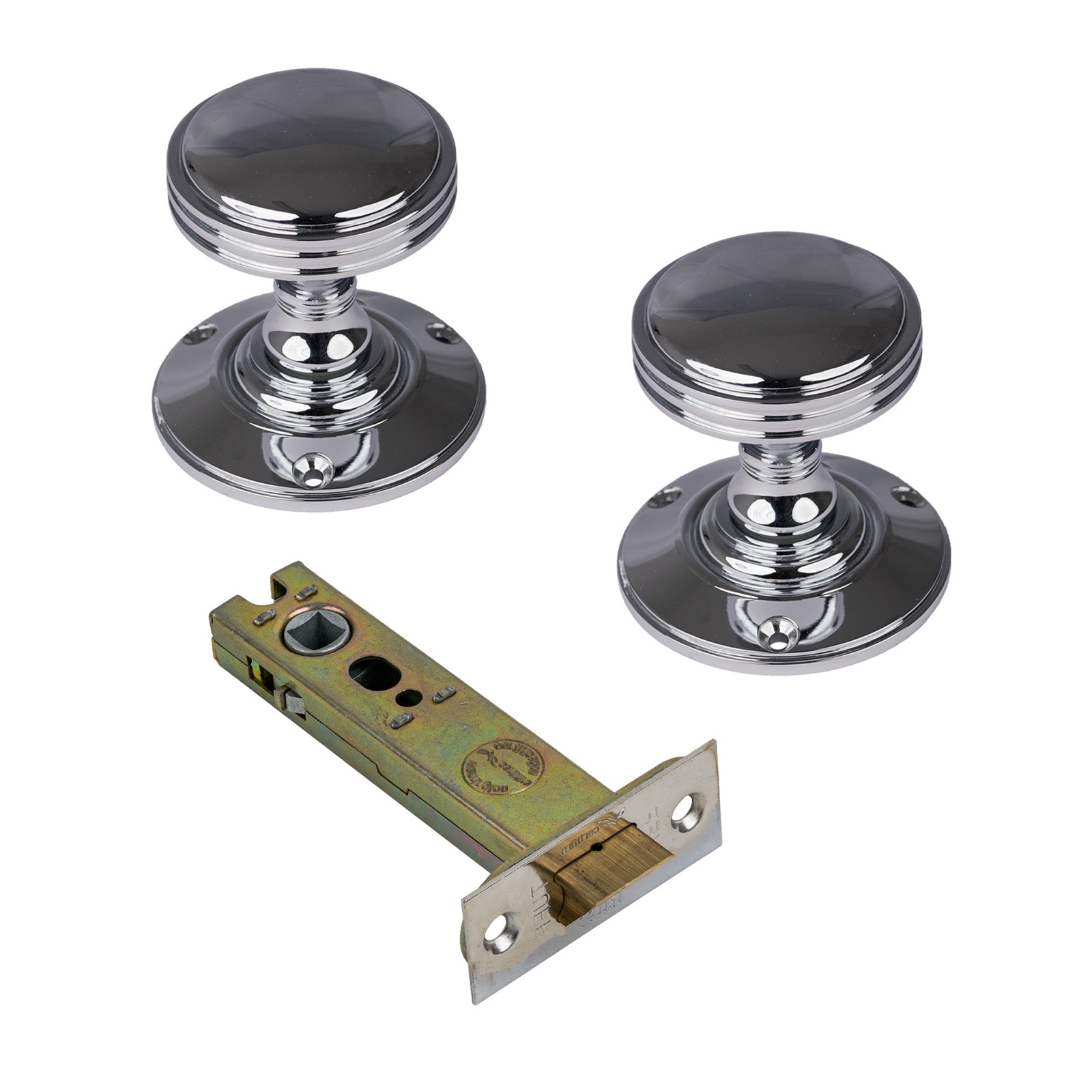 Richmond Door Knob on Rose with Polished Chrome 4 inch latch set