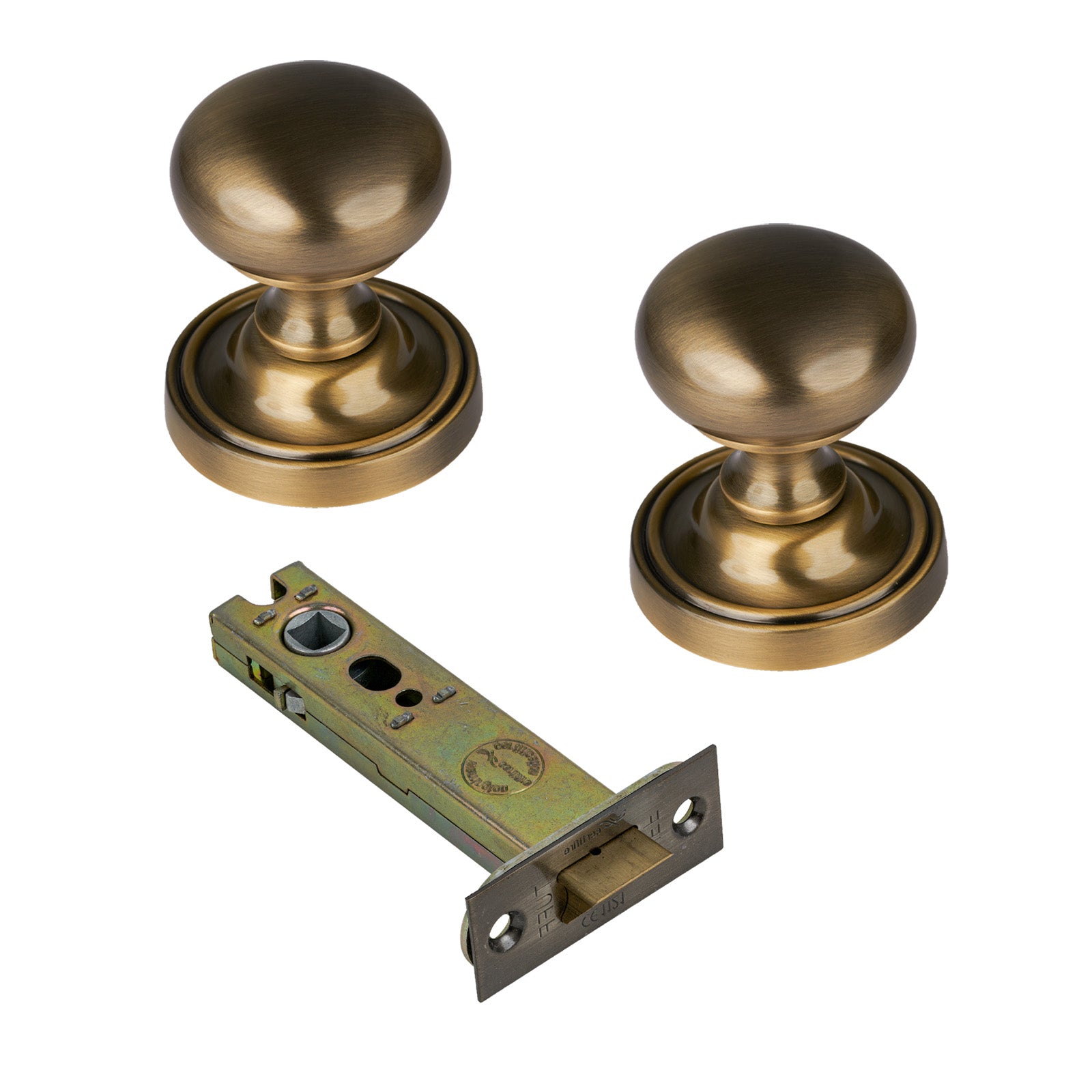 Hampstead Door Knob on Rose with Aged Brass 4 inch latch set