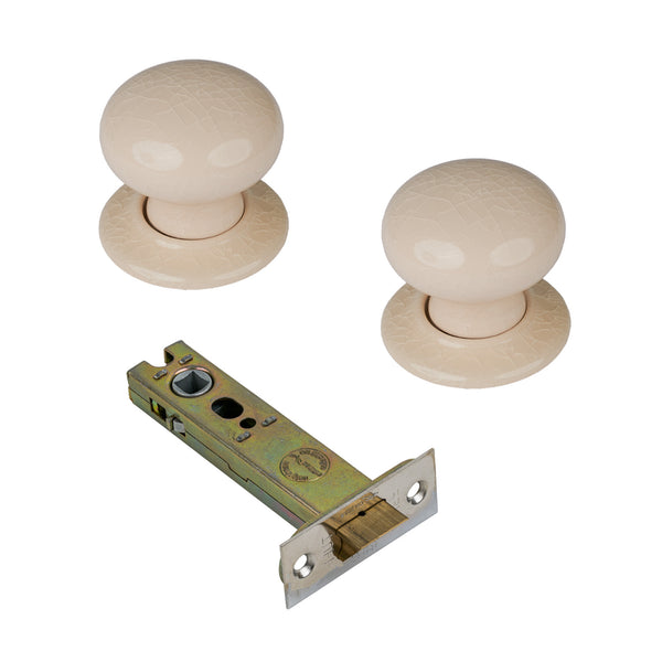SHOW Cream Crackle Ceramic Door Knob on Ceramic Rose with 4 inch latch