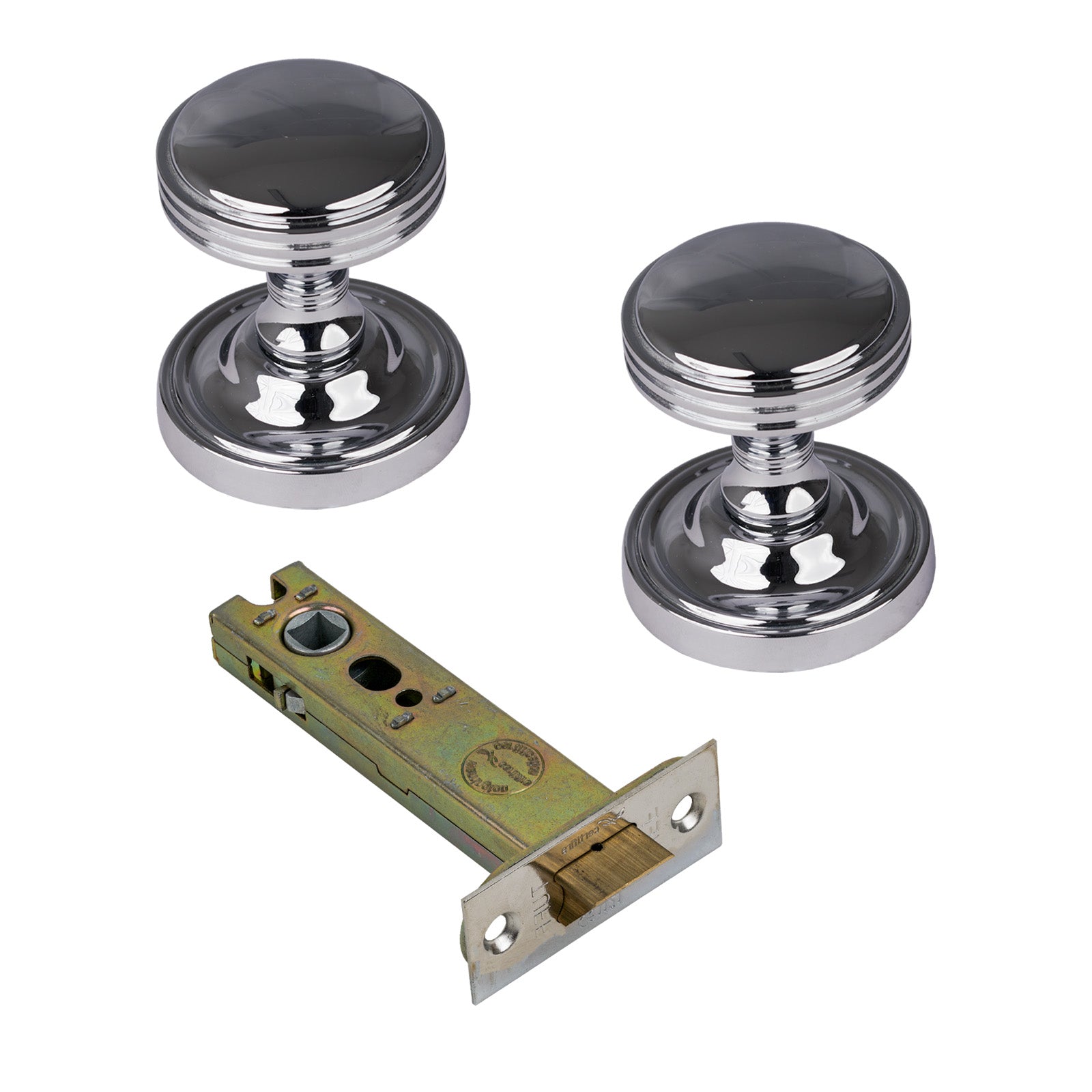 Whitehall Door Knob on Rose with Polished Chrome 4 inch latch set