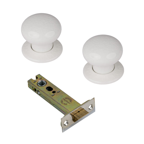 SHOW White Crackle Ceramic Door Knob on Ceramic Rose with 4 inch latch