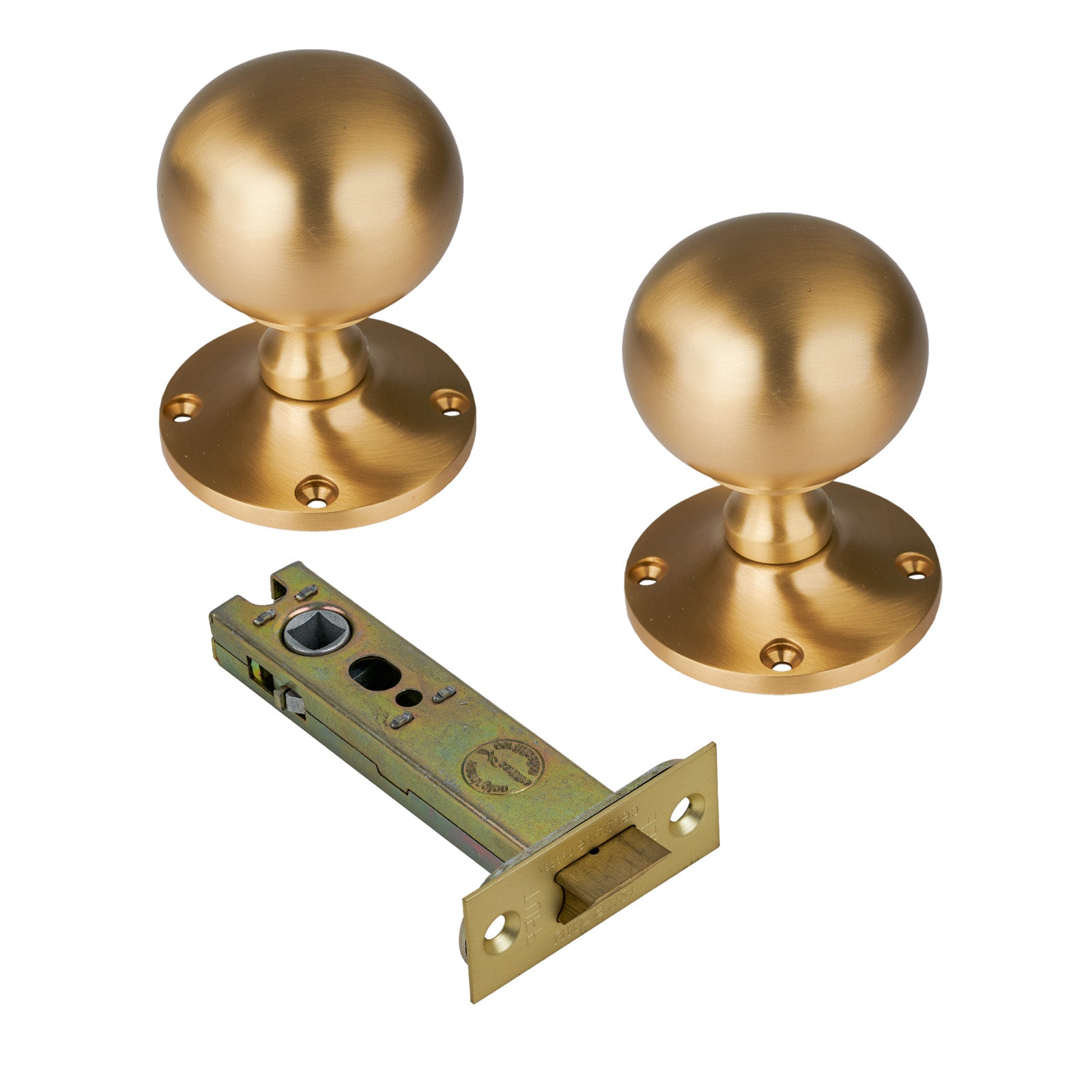 Westminster Door Knob on Rose with Satin Brass 4 inch latch set