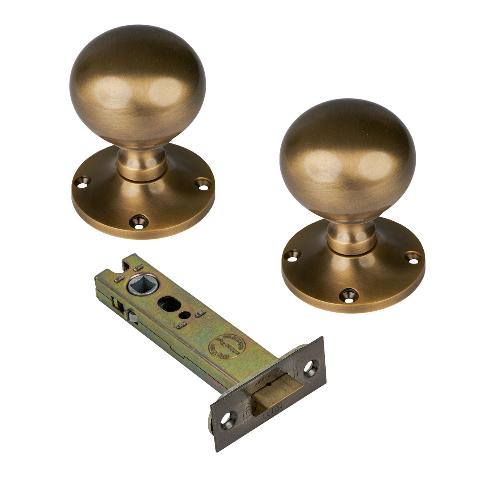 Westminster Door Knob on Rose with Aged Brass 4 inch latch set
