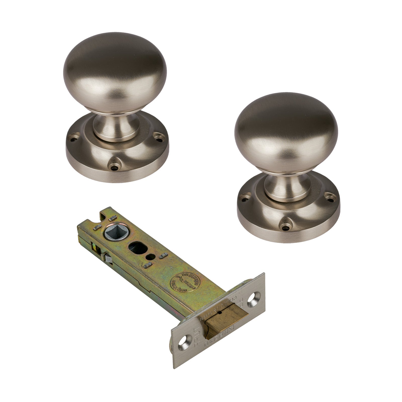 Victoria Door Knob on Rose with Satin Nickel 4 inch latch set