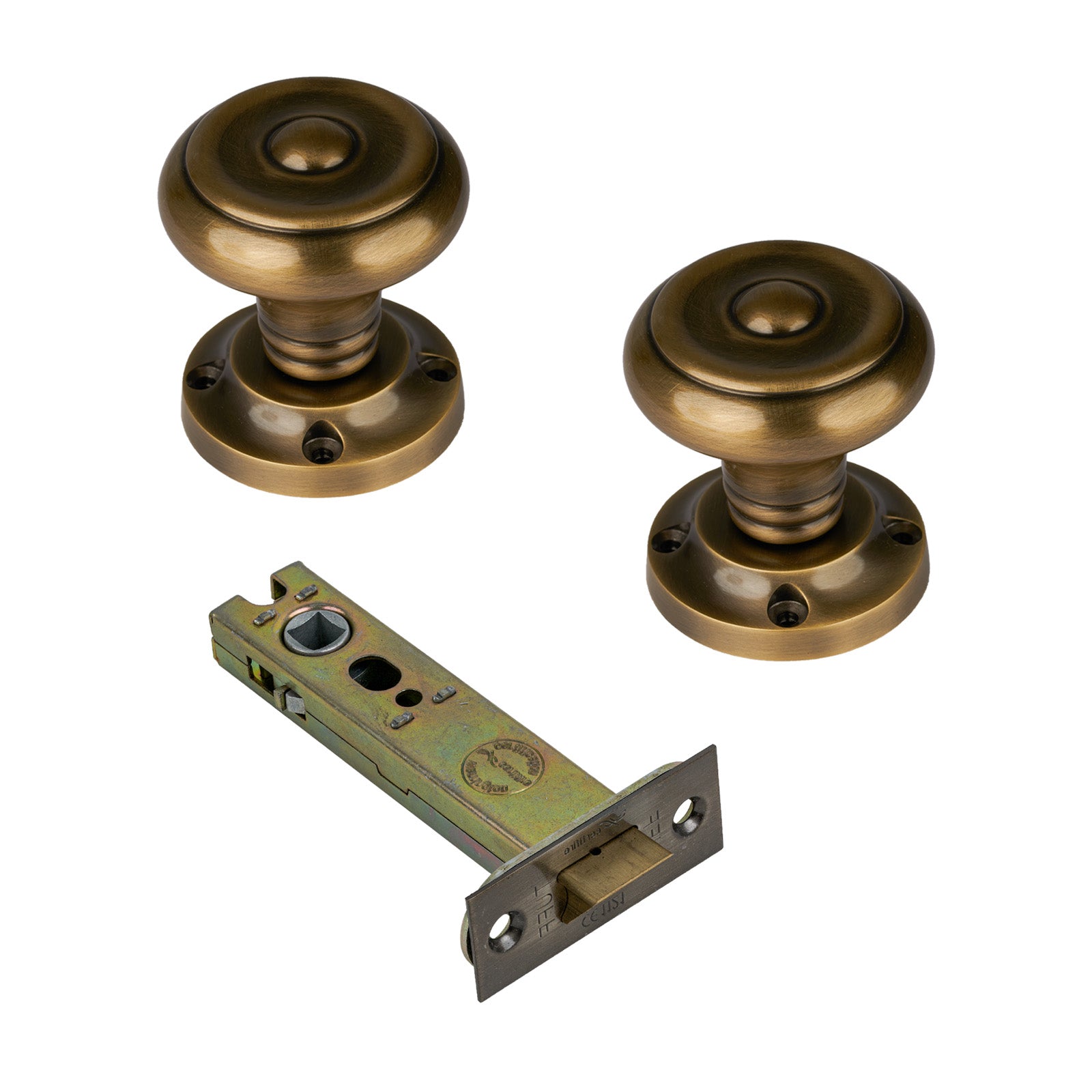 Aylesbury Door Knob on Rose with Aged Brass 4 inch latch set