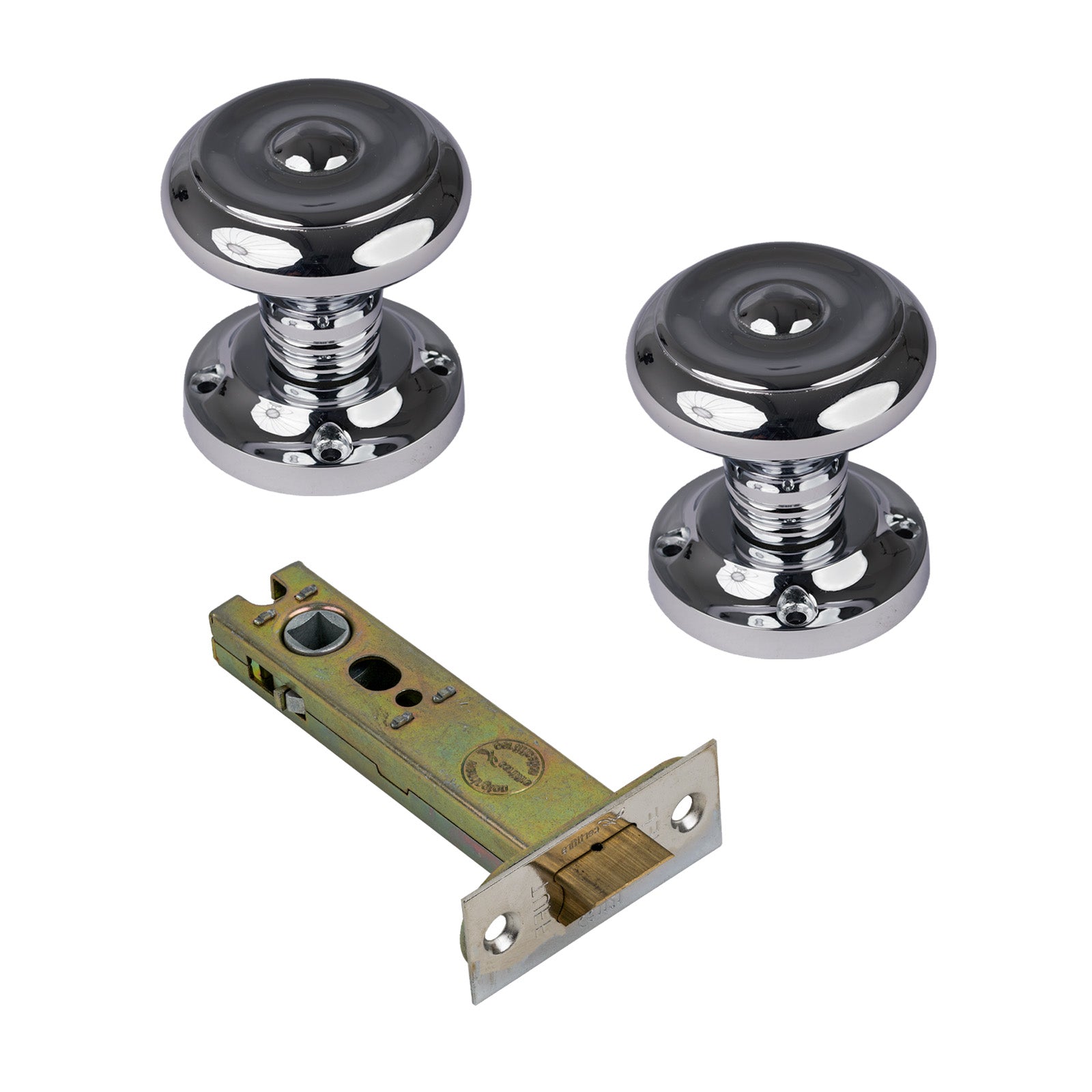Aylesbury Door Knob on Rose with Polished Chrome 4 inch latch set