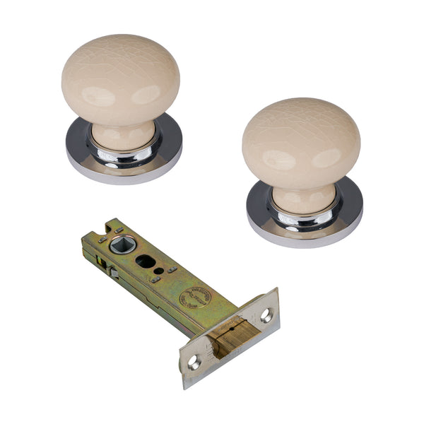 SHOW Cream Crackle Ceramic Door Knob with Polished Chrome Rose with 4 inch latch