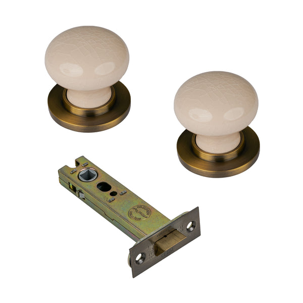 SHOW Cream Crackle Ceramic Door Knob with Aged Brass Rose with 4 inch latch