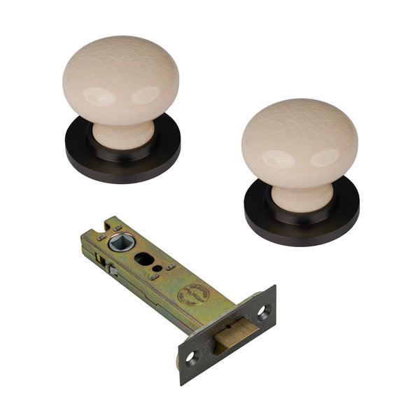 SHOW Cream Crackle Ceramic Door Knob with Matt Bronze Rose with 4 inch latch