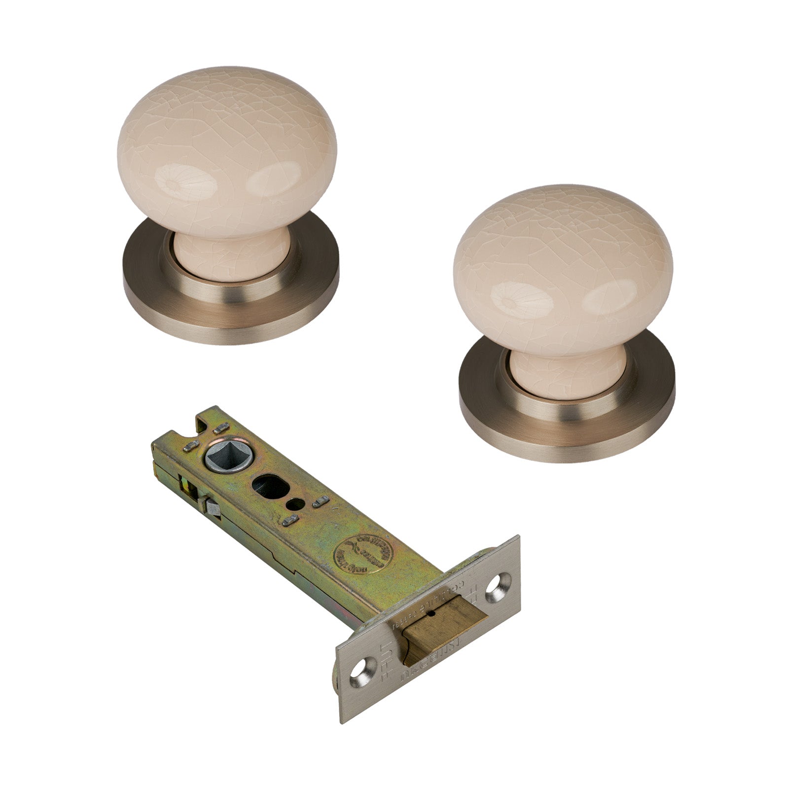 SHOW Cream Crackle Porcelain Door Knob with Satin Nickel Rose with 3 inch latch