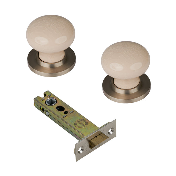 SHOW Cream Crackle Ceramic Door Knob with Satin Nickel Rose with 3 inch latch