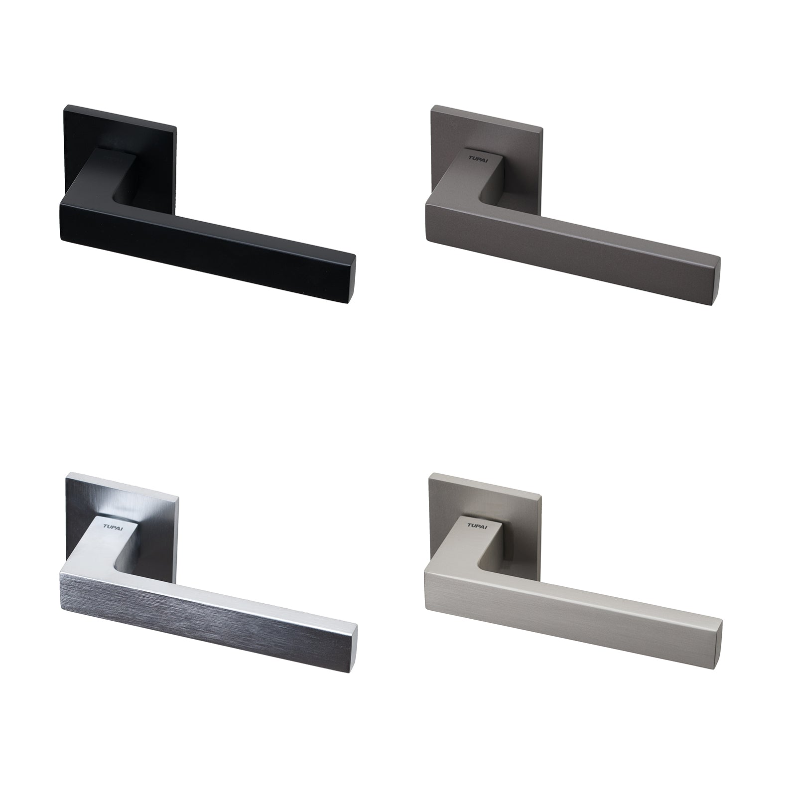 Tupai Torres lever on rose door handles in four distinct finishes with 6mm thick square rose plate.