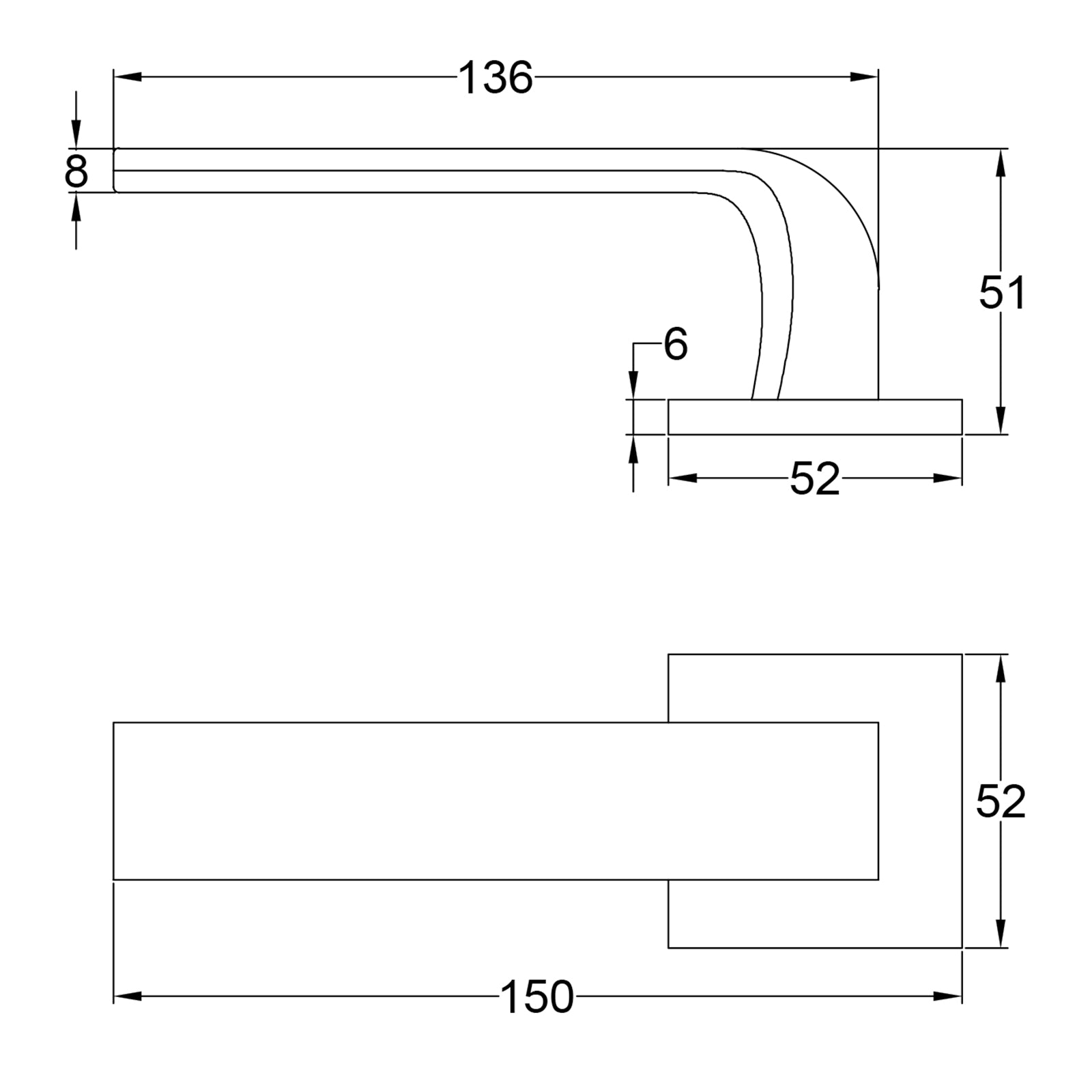 Simple Dimension Drawing of Tupai Ruivo Lever on Square Rose Door Handles SHOW