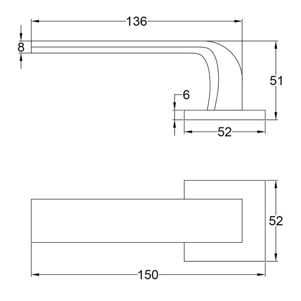 Simple Dimension Drawing of Tupai Ruivo Lever on Square Rose Door Handles SHOW