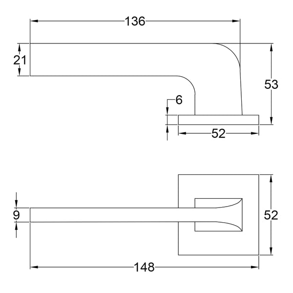 Simple Dimension Drawing of Tupai Santinha Lever on Square Rose Door Handles SHOW