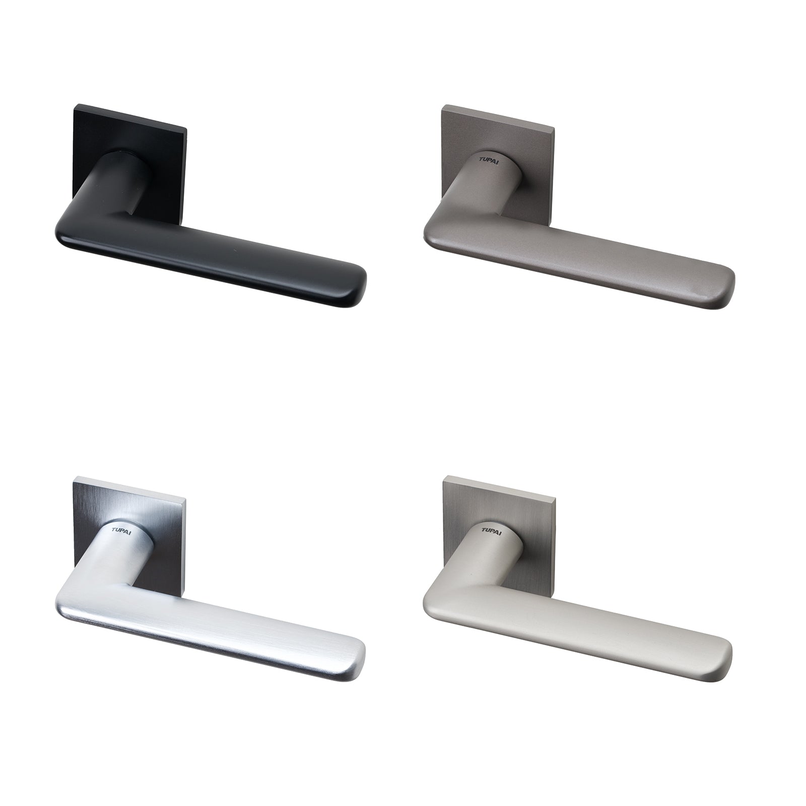 Tupai Nevosa lever on rose door handles in four distinct finishes with 6mm thick round rose.