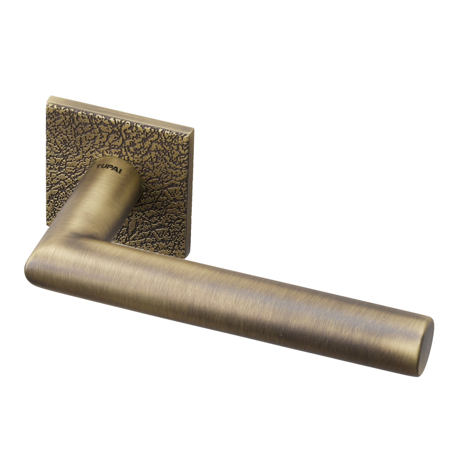 Larouco Leather Texture Lever on Rose Door Handle in Antique Brass Finish SHOW