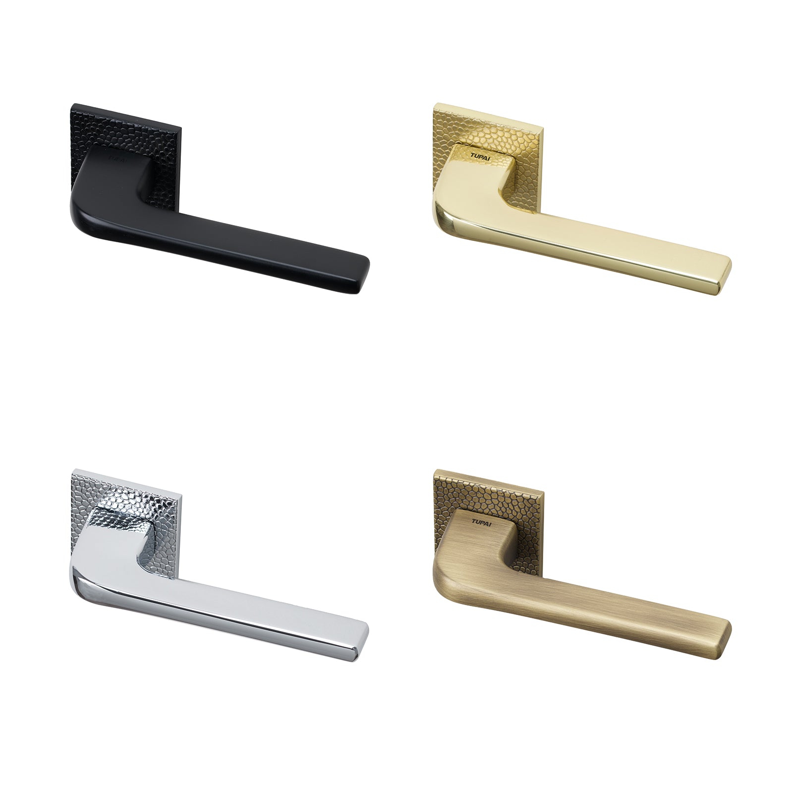 Tupai Perdrada Pebbles texture lever on rose door handles in four distinct finishes with 6mm thick round rose.