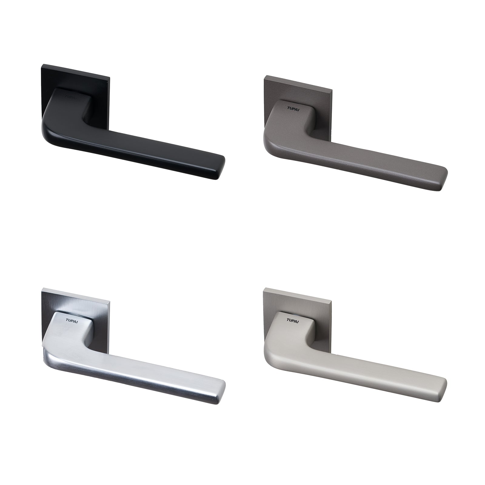 Tupai Perdrada lever on rose door handles in four distinct finishes with 6mm thick round rose.